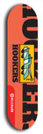 Skateboard deck: Limited edition, North American maple skateboard deck designed by underground artist BellyRash -- available in widths 7.5 to 8.5 inches in both mellow concave and steep concave shapes. Artwork: Cartoon tow truck on a popsicle-shaped skateboard deck with orange background. 