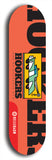 Skateboard deck: Limited edition, North American maple skateboard deck designed by underground artist BellyRash -- available in widths 7.5 to 8.5 inches in both mellow concave and steep concave shapes. Artwork: Cartoon tow truck on a popsicle-shaped skateboard deck with orange background. 