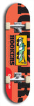 Skateboard deck: Limited edition, North American maple skateboard deck designed by underground artist BellyRash -- available in widths 7.5 to 8.5 inches in both mellow concave and steep concave shapes. Artwork: Cartoon tow truck on a popsicle-shaped skateboard deck with orange background. 