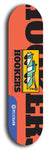 Skateboard deck: Limited edition, North American maple skateboard deck designed by underground artist BellyRash -- available in widths 7.5 to 8.5 inches in both mellow concave and steep concave shapes. Artwork: Cartoon tow truck on a popsicle-shaped skateboard deck with orange background. 