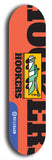 Skateboard deck: Limited edition, North American maple skateboard deck designed by underground artist BellyRash -- available in widths 7.5 to 8.5 inches in both mellow concave and steep concave shapes. Artwork: Cartoon tow truck on a popsicle-shaped skateboard deck with orange background. 