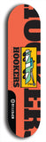 Skateboard deck: Limited edition, North American maple skateboard deck designed by underground artist BellyRash -- available in widths 7.5 to 8.5 inches in both mellow concave and steep concave shapes. Artwork: Cartoon tow truck on a popsicle-shaped skateboard deck with orange background. 