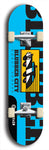 Skateboard deck: Limited edition, North American maple skateboard deck designed by underground artist BellyRash -- available in widths 7.5 to 8.5 inches in both mellow concave and steep concave shapes. Artwork: Cartoon police car  on a popsicle-shaped skateboard deck with light blue background. 