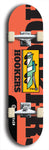 Skateboard deck: Limited edition, North American maple skateboard deck designed by underground artist BellyRash -- available in widths 7.5 to 8.5 inches in both mellow concave and steep concave shapes. Artwork: Cartoon tow truck on a popsicle-shaped skateboard deck with orange background. 