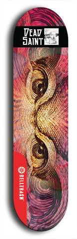 Skateboard deck: Limited edition, North American maple skateboard deck designed by underground artist BellyRash - available widths 7.5 to 8.5 inches in both mellow concave and steep concave shapes. Artwork: DEAD SAINT logo brand popsicle-shaped deck 