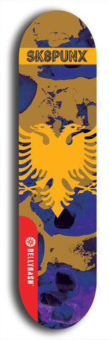 Skateboard deck: Limited edition, North American maple skateboard deck designed by underground artist BellyRash - available widths 7.5 to 8.5 inches in both mellow concave and steep concave shapes. Artwork: SK8PUNX logo brand popsicle-shaped deck