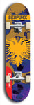 Skateboard deck: Limited edition, North American maple skateboard deck designed by underground artist BellyRash - available widths 7.5 to 8.5 inches in both mellow concave and steep concave shapes. Artwork: SK8PUNX logo brand popsicle-shaped deck