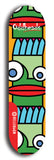 Skateboard deck: Limited edition, North American maple skateboard deck designed by underground artist BellyRash -- available in widths 7.5 to 8.5 inches in both mellow concave and steep concave shapes. Artwork: Oddheads brand popsicle-shaped skateboard deck with cartoon head on dark background. 