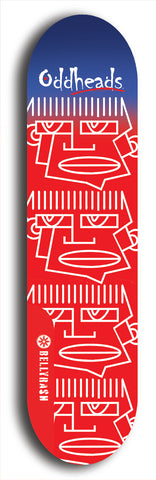 Skateboard deck: Limited edition, North American maple skateboard deck designed by underground artist BellyRash -- available in widths 7.5 to 8.5 inches in both mellow concave and steep concave shapes. Artwork: Oddheads brand popsicle-shaped skateboard deck with cartoon head on dark background. 