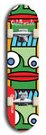 Skateboard deck: Limited edition, North American maple skateboard deck designed by underground artist BellyRash -- available in widths 7.5 to 8.5 inches in both mellow concave and steep concave shapes. Artwork: Oddheads brand popsicle-shaped skateboard deck with cartoon head on dark background. 