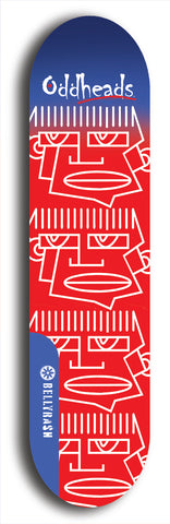 Skateboard deck: Limited edition, North American maple skateboard deck designed by underground artist BellyRash -- available in widths 7.5 to 8.5 inches in both mellow concave and steep concave shapes. Artwork: Oddheads brand popsicle-shaped skateboard deck with cartoon head on dark background. 