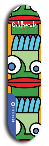 Skateboard deck: Limited edition, North American maple skateboard deck designed by underground artist BellyRash -- available in widths 7.5 to 8.5 inches in both mellow concave and steep concave shapes. Artwork: Oddheads brand popsicle-shaped skateboard deck with cartoon head on dark background. 