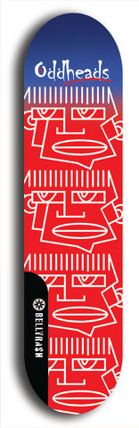 Skateboard deck: Limited edition, North American maple skateboard deck designed by underground artist BellyRash -- available in widths 7.5 to 8.5 inches in both mellow concave and steep concave shapes. Artwork: Oddheads brand popsicle-shaped skateboard deck with cartoon head on dark background. 