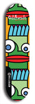 Skateboard deck: Limited edition, North American maple skateboard deck designed by underground artist BellyRash -- available in widths 7.5 to 8.5 inches in both mellow concave and steep concave shapes. Artwork: Oddheads brand popsicle-shaped skateboard deck with cartoon head on dark background. 