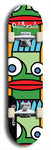 Skateboard deck: Limited edition, North American maple skateboard deck designed by underground artist BellyRash -- available in widths 7.5 to 8.5 inches in both mellow concave and steep concave shapes. Artwork: Oddheads brand popsicle-shaped skateboard deck with cartoon head on dark background. 