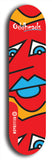 Skateboard deck: Limited edition, North American maple skateboard deck designed by underground artist BellyRash -- available in widths 7.5 to 8.5 inches in both mellow concave and steep concave shapes. Artwork: Oddheads brand popsicle-shaped skateboard deck with cartoon head on dark background. 