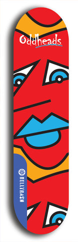 Skateboard deck: Limited edition, North American maple skateboard deck designed by underground artist BellyRash -- available in widths 7.5 to 8.5 inches in both mellow concave and steep concave shapes. Artwork: Oddheads brand popsicle-shaped skateboard deck with cartoon head on dark background. 