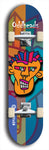 Skateboard deck: Limited edition, North American maple skateboard deck designed by underground artist BellyRash -- available in widths 7.5 to 8.5 inches in both mellow concave and steep concave shapes. Artwork: Oddheads brand popsicle-shaped skateboard deck with cartoon head on dark background. 