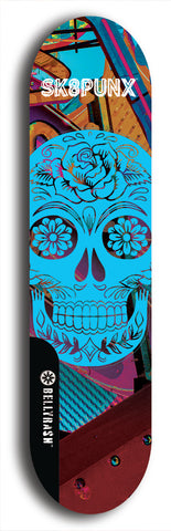 Skateboard deck: Limited edition, North American maple skateboard deck designed by underground artist BellyRash - available widths 7.5 to 8.5 inches in both mellow concave and steep concave shapes. Artwork: SK8PUNX logo brand popsicle-shaped deck