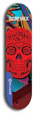 Skateboard deck: Limited edition, North American maple skateboard deck designed by underground artist BellyRash - available widths 7.5 to 8.5 inches in both mellow concave and steep concave shapes. Artwork: SK8PUNX logo brand popsicle-shaped deck