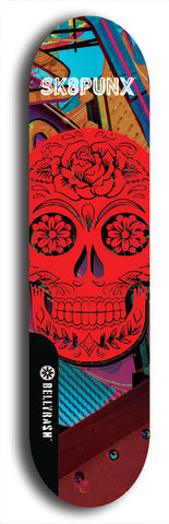 Skateboard deck: Limited edition, North American maple skateboard deck designed by underground artist BellyRash - available widths 7.5 to 8.5 inches in both mellow concave and steep concave shapes. Artwork: SK8PUNX logo brand popsicle-shaped deck