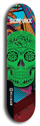 Skateboard deck: Limited edition, North American maple skateboard deck designed by underground artist BellyRash - available widths 7.5 to 8.5 inches in both mellow concave and steep concave shapes. Artwork: SK8PUNX logo brand popsicle-shaped deck