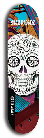 Skateboard deck: Limited edition, North American maple skateboard deck designed by underground artist BellyRash - available widths 7.5 to 8.5 inches in both mellow concave and steep concave shapes. Artwork: SK8PUNX logo brand popsicle-shaped deck