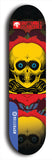 Skateboard deck: Limited edition, North American maple skateboard deck designed by underground artist BellyRash -- available in widths 7.5 to 8.5 inches in both mellow concave and steep concave shapes. Artwork: BUTTUGLY MONSTERS brand popsicle-shaped skateboard deck with monster in background. 