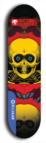 Skateboard deck: Limited edition, North American maple skateboard deck designed by underground artist BellyRash -- available in widths 7.5 to 8.5 inches in both mellow concave and steep concave shapes. Artwork: BUTTUGLY MONSTERS brand popsicle-shaped skateboard deck with monster in background. 