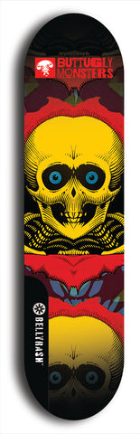 Skateboard deck: Limited edition, North American maple skateboard deck designed by underground artist BellyRash -- available in widths 7.5 to 8.5 inches in both mellow concave and steep concave shapes. Artwork: BUTTUGLY MONSTERS brand popsicle-shaped skateboard deck with monster in background. 