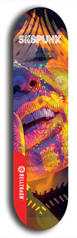 Skateboard deck: Limited edition, North American maple skateboard deck designed by underground artist BellyRash - available widths 7.5 to 8.5 inches in both mellow concave and steep concave shapes. Artwork: SK8PUNX logo brand popsicle-shaped deck