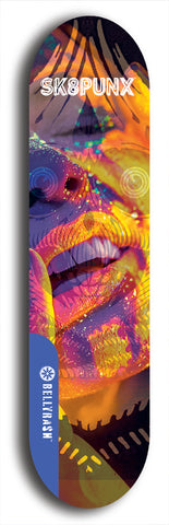 Skateboard deck: Limited edition, North American maple skateboard deck designed by underground artist BellyRash - available widths 7.5 to 8.5 inches in both mellow concave and steep concave shapes. Artwork: SK8PUNX logo brand popsicle-shaped deck