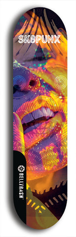 Skateboard deck: Limited edition, North American maple skateboard deck designed by underground artist BellyRash - available widths 7.5 to 8.5 inches in both mellow concave and steep concave shapes. Artwork: SK8PUNX logo brand popsicle-shaped deck