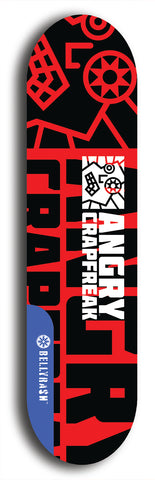 Skateboard deck: Limited edition, North American maple skateboard deck designed by underground artist BellyRash - available widths 7.5 to 8.5 inches in both mellow concave and steep concave shapes. Artwork: ANGRY CRAPFREAK brand popsicle-shaped with a multi-colored patterned background with large ANGRY CRAPFREAK logo 