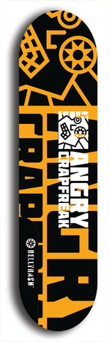 Skateboard deck: Limited edition, North American maple skateboard deck designed by underground artist BellyRash - available widths 7.5 to 8.5 inches in both mellow concave and steep concave shapes. Artwork: ANGRY CRAPFREAK brand popsicle-shaped with a multi-colored patterned background with large ANGRY CRAPFREAK logo