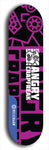 Skateboard deck: Limited edition, North American maple skateboard deck designed by underground artist BellyRash - available widths 7.5 to 8.5 inches in both mellow concave and steep concave shapes. Artwork: ANGRY CRAPFREAK brand popsicle-shaped with a multi-colored patterned background with large ANGRY CRAPFREAK logo