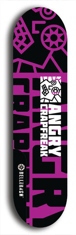 Skateboard deck: Limited edition, North American maple skateboard deck designed by underground artist BellyRash - available widths 7.5 to 8.5 inches in both mellow concave and steep concave shapes. Artwork: ANGRY CRAPFREAK brand popsicle-shaped with a multi-colored patterned background with large ANGRY CRAPFREAK logo