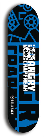 Skateboard deck: Limited edition, North American maple skateboard deck designed by underground artist BellyRash - available widths 7.5 to 8.5 inches in both mellow concave and steep concave shapes. Artwork: ANGRY CRAPFREAK brand popsicle-shaped with a multi-colored patterned background with large ANGRY CRAPFREAK logo