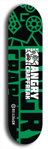 Skateboard deck: Limited edition, North American maple skateboard deck designed by underground artist BellyRash - available widths 7.5 to 8.5 inches in both mellow concave and steep concave shapes. Artwork: ANGRY CRAPFREAK brand popsicle-shaped with a multi-colored patterned background with large ANGRY CRAPFREAK logo 