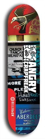 Skateboard deck: Limited edition, North American maple skateboard deck designed by underground artist BellyRash - available widths 7.5 to 8.5 inches in both mellow concave and steep concave shapes. Artwork: ANGRY CRAPFREAK brand popsicle-shaped with a multi-colored patterned background with large ANGRY CRAPFREAK logo 