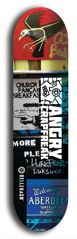 Skateboard deck: Limited edition, North American maple skateboard deck designed by underground artist BellyRash - available widths 7.5 to 8.5 inches in both mellow concave and steep concave shapes. Artwork: ANGRY CRAPFREAK brand popsicle-shaped with a multi-colored patterned background with large ANGRY CRAPFREAK logo 