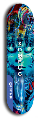 Skateboard deck: Limited edition, North American maple skateboard deck designed by underground artist BellyRash - available widths 7.5 to 8.5 inches in both mellow concave and steep concave shapes. Artwork: XOMFUG logo brand popsicle-shaped deck