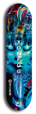 Skateboard deck: Limited edition, North American maple skateboard deck designed by underground artist BellyRash - available widths 7.5 to 8.5 inches in both mellow concave and steep concave shapes. Artwork: XOMFUG logo brand popsicle-shaped deck