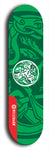 Skateboard deck: Limited edition, North American maple skateboard deck designed by underground artist BellyRash - available widths 7.5 to 8.5 inches in both mellow concave and steep concave shapes. Artwork: popsicle-shaped deck with green background and large Celtic symbol in the middle of the deck