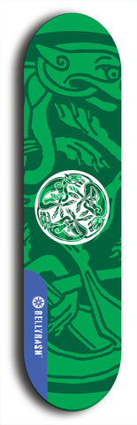 Skateboard deck: Limited edition, North American maple skateboard deck designed by underground artist BellyRash - available widths 7.5 to 8.5 inches in both mellow concave and steep concave shapes. Artwork: popsicle-shaped deck with green background and large Celtic symbol in the middle of the deck