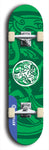 Skateboard deck: Limited edition, North American maple skateboard deck designed by underground artist BellyRash - available widths 7.5 to 8.5 inches in both mellow concave and steep concave shapes. Artwork: popsicle-shaped deck with green background and large Celtic symbol in the middle of the deck