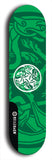 Skateboard deck: Limited edition, North American maple skateboard deck designed by underground artist BellyRash - available widths 7.5 to 8.5 inches in both mellow concave and steep concave shapes. Artwork: popsicle-shaped deck with green background and large Celtic symbol in the middle of the deck