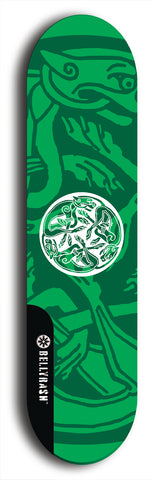 Skateboard deck: Limited edition, North American maple skateboard deck designed by underground artist BellyRash - available widths 7.5 to 8.5 inches in both mellow concave and steep concave shapes. Artwork: popsicle-shaped deck with green background and large Celtic symbol in the middle of the deck