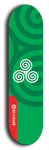 Skateboard deck: Limited edition, North American maple skateboard deck designed by underground artist BellyRash - available widths 7.5 to 8.5 inches in both mellow concave and steep concave shapes. Artwork: popsicle-shaped deck with green background and large Celtic symbol in the middle of the deck