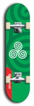 Skateboard deck: Limited edition, North American maple skateboard deck designed by underground artist BellyRash - available widths 7.5 to 8.5 inches in both mellow concave and steep concave shapes. Artwork: popsicle-shaped deck with green background and large Celtic symbol in the middle of the deck